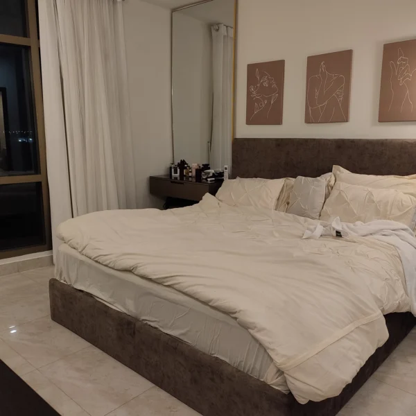 Modern dark brown king size bed with floating dresser, tall mirror, and side table – SARA bed set for luxury bedrooms